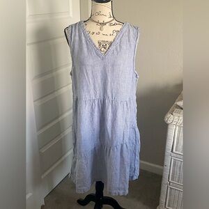 Blue Tiered Sleeveless Linen Midi Sundress